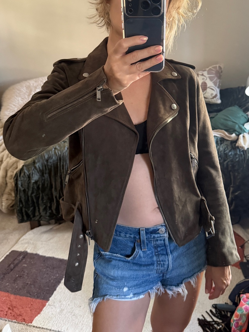 Women's Olive Green Suede Biker Jacket